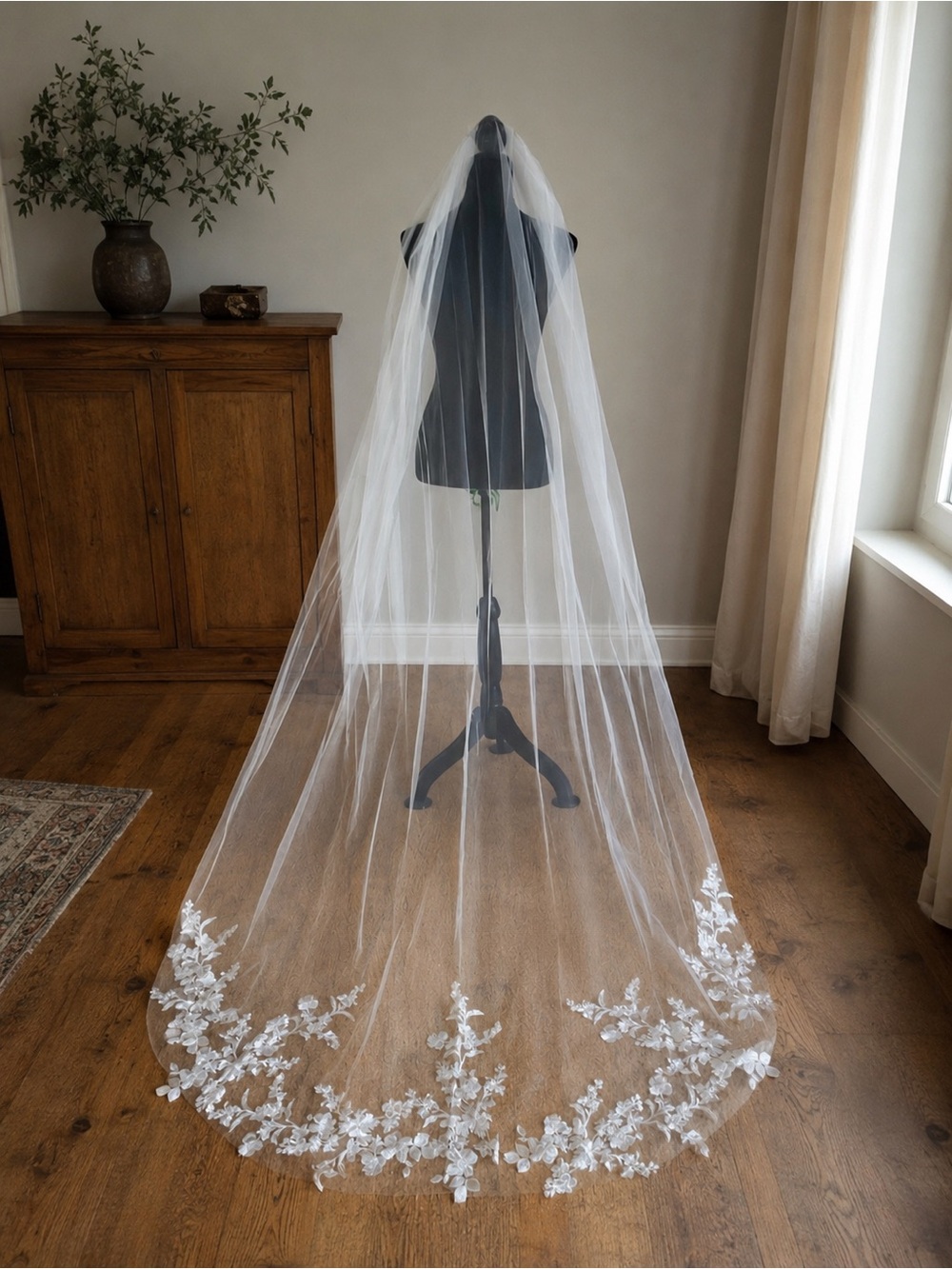 Long White Bridal Veil with Floral Lace Applique